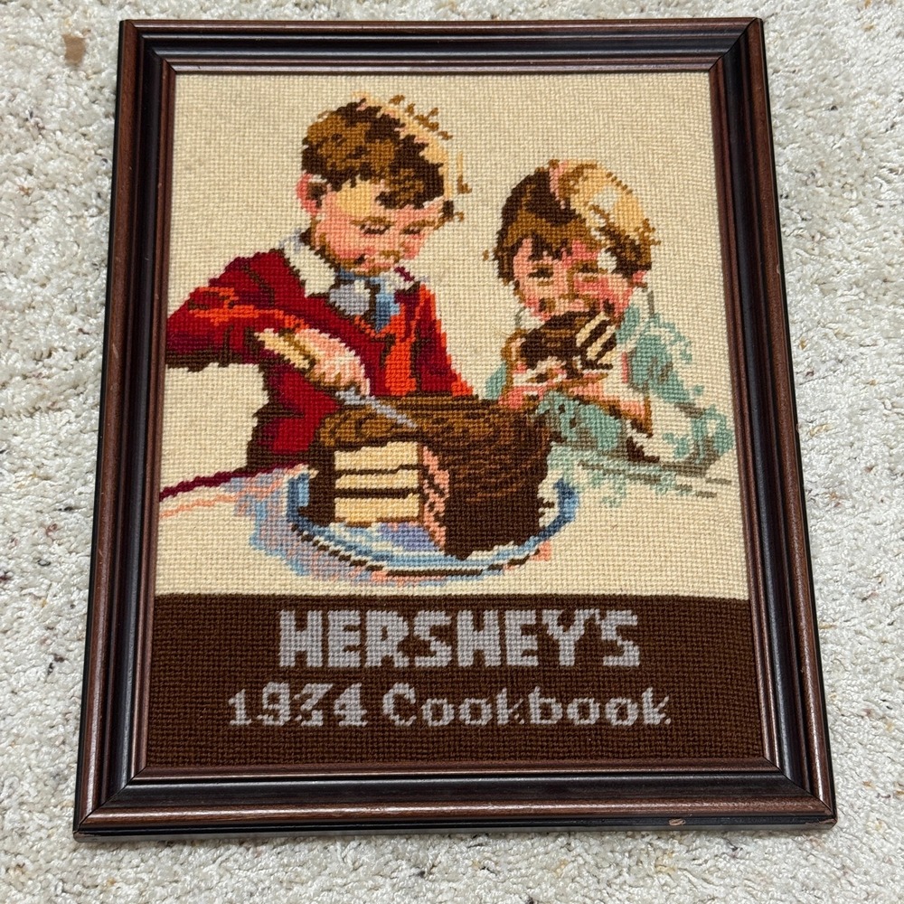 Vintage Hershey's 1934 Cookbook Framed Needlepoint Art Kids Chocolate Cake Decor